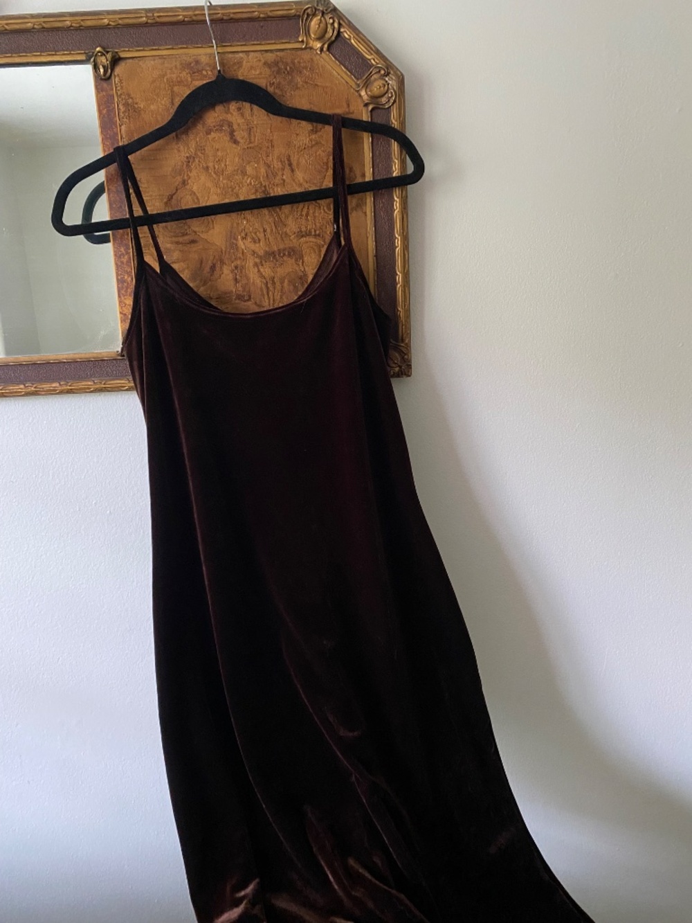 Vintage 1990s Chocolate Brown Velvet Maxi Slip Dress Minimalist Grunge Size 10